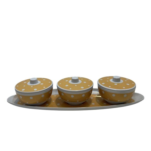 Yellow & White Polka Dot Condiment Set With 3 Lidded Bowls & Tray - Picture 2 of 11